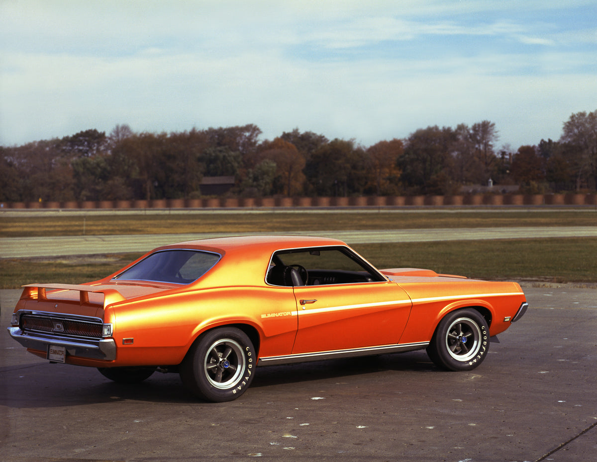 This archival image documents the 1969 Mercury Cougar Eliminator hardtop with Rear Spoiler and is preserved in the Ford Heritage Vault as part of Ford Motor Company's historic photographic archive. Free for personal, non-commercial use. Ford Herit...
