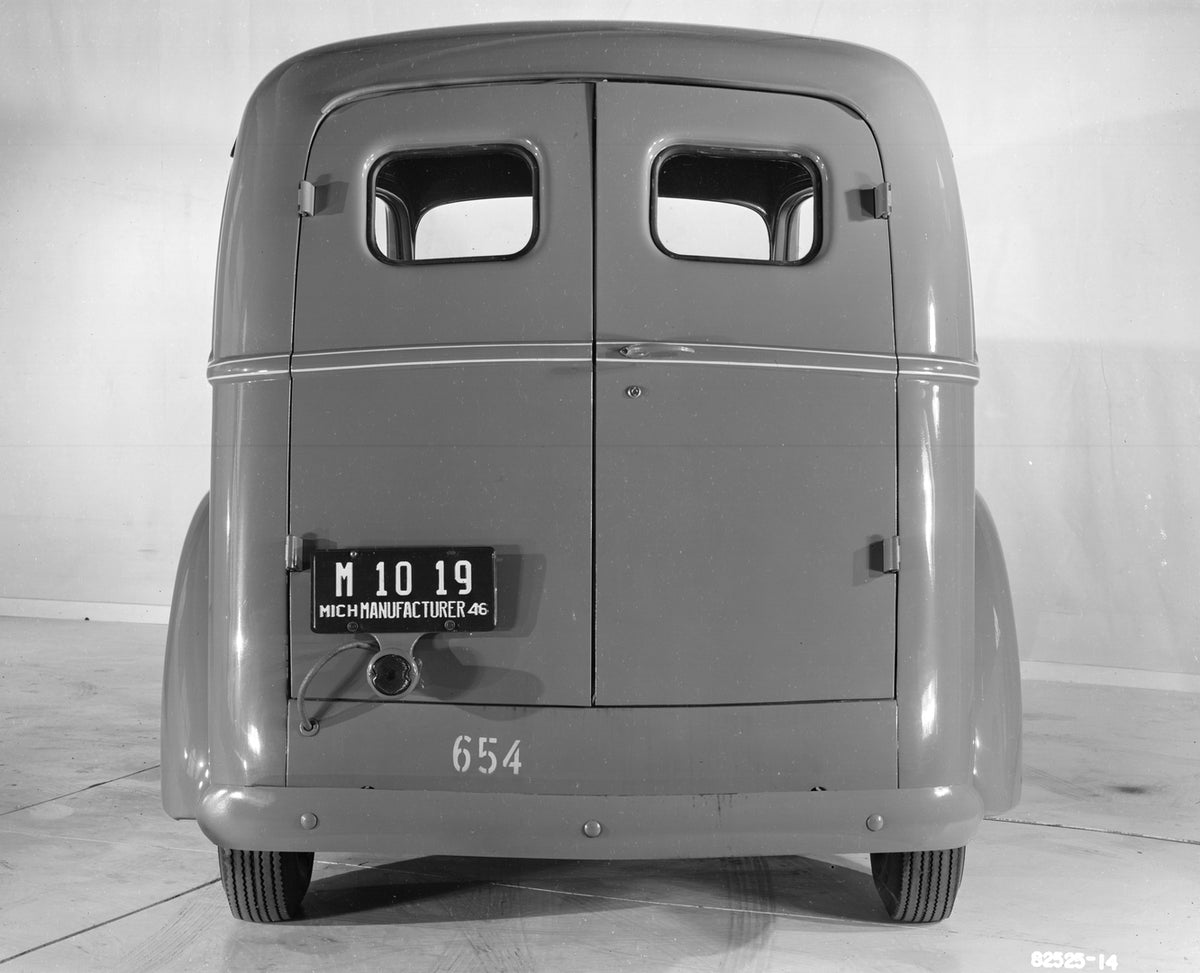 This archival image documents the 1946 Ford half ton panel truck rear end and is preserved in the Ford Heritage Vault as part of Ford Motor Company's historic photographic archive. Free for personal, non-commercial use. Ford Heritage Vault referen...