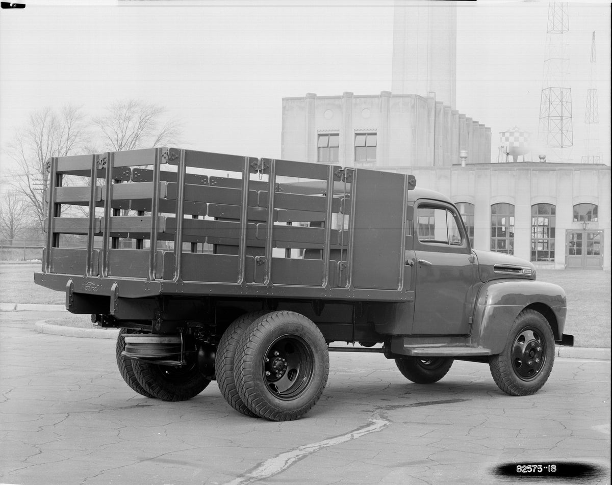 This archival image documents the 1947 Ford stake truck and is preserved in the Ford Heritage Vault as part of Ford Motor Company's historic photographic archive. Free for personal, non-commercial use. Ford Heritage Vault reference AR-2008-8.1.4.1...