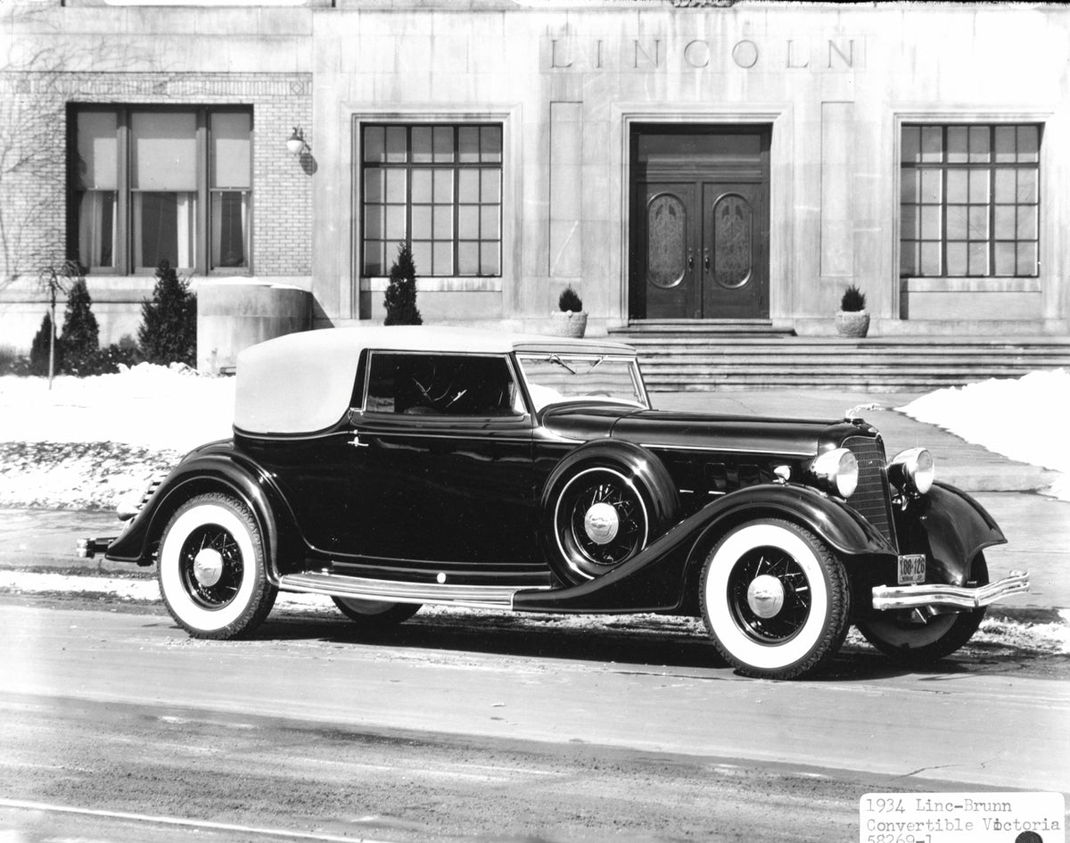 This archival image documents the 1934 Lincoln Brunn Model 280 convertible in front of Lincoln Plant and is preserved in the Ford Heritage Vault as part of Ford Motor Company's historic photographic archive. Free for personal, non-commercial use. ...