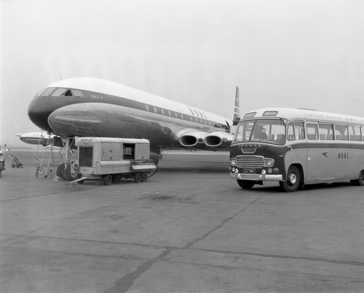This archival image documents the 1961 Ford Thames coach at London airport and is preserved in the Ford Heritage Vault as part of Ford Motor Company's historic photographic archive. Free for personal, non-commercial use. Ford Heritage Vault refere...