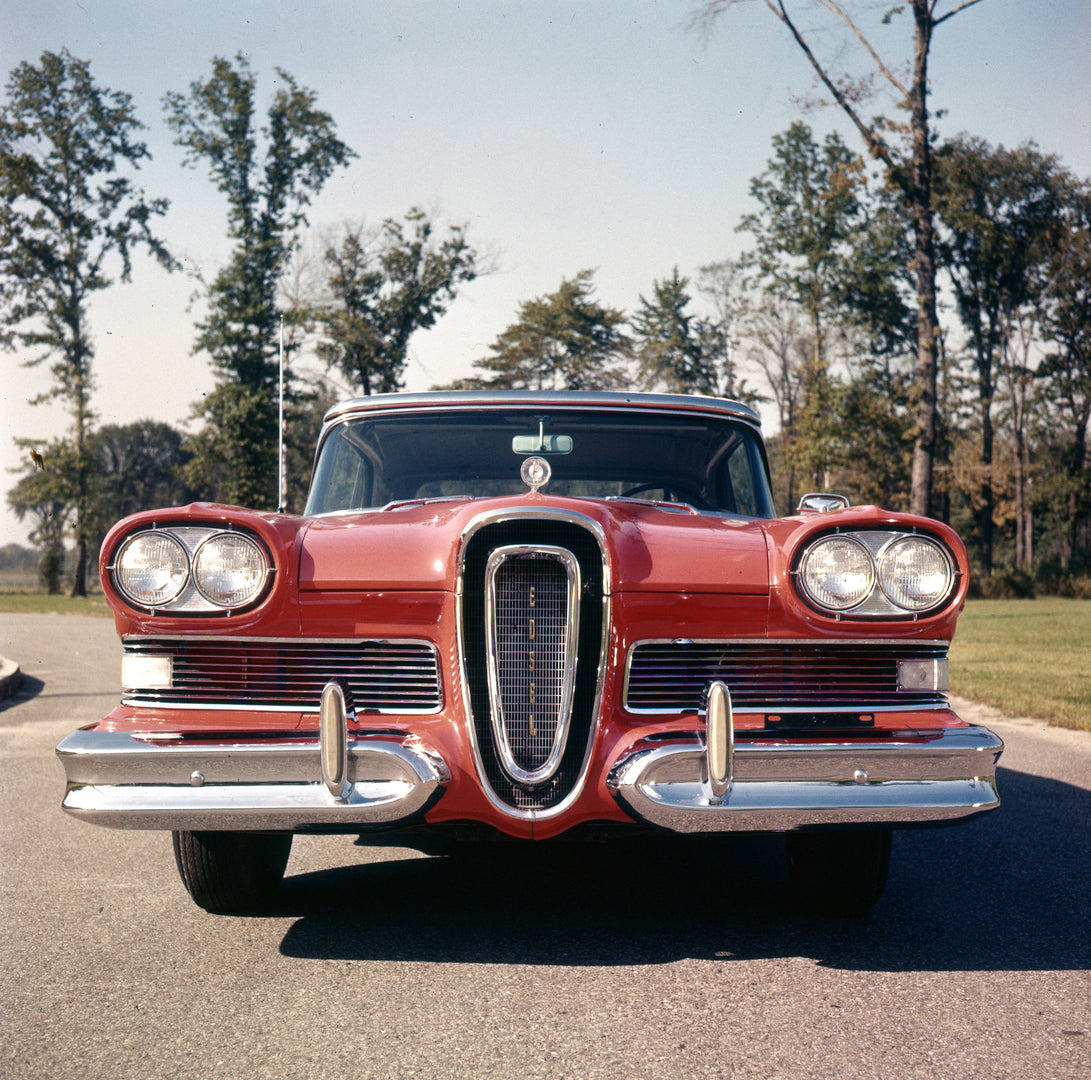 This archival image documents the 1958 Edsel front end and is preserved in the Ford Heritage Vault as part of Ford Motor Company's historic photographic archive. Free for personal, non-commercial use. Ford Heritage Vault reference AR-2008-8.1.4.3757.