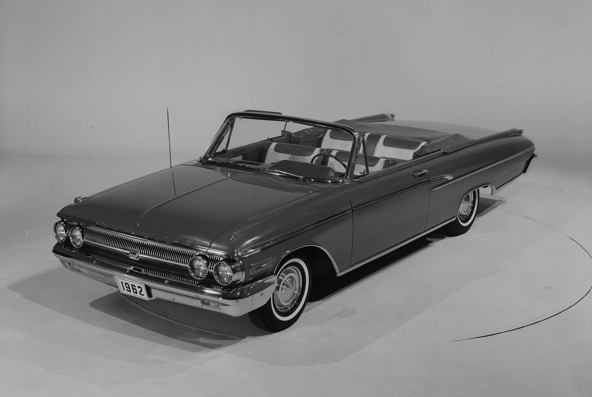 This archival image documents the 1962 Mercury Monterey convertible Front View with Top Down and is preserved in the Ford Heritage Vault as part of Ford Motor Company's historic photographic archive. Free for personal, non-commercial use. Ford Her...