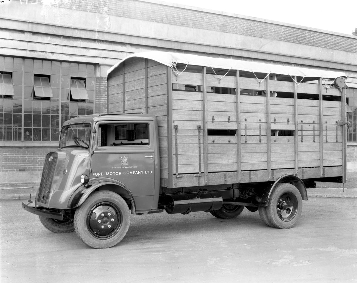 This archival image documents the 1947 Ford Thames cattle truck and is preserved in the Ford Heritage Vault as part of Ford Motor Company's historic photographic archive. Free for personal, non-commercial use. Ford Heritage Vault reference AR-2000...