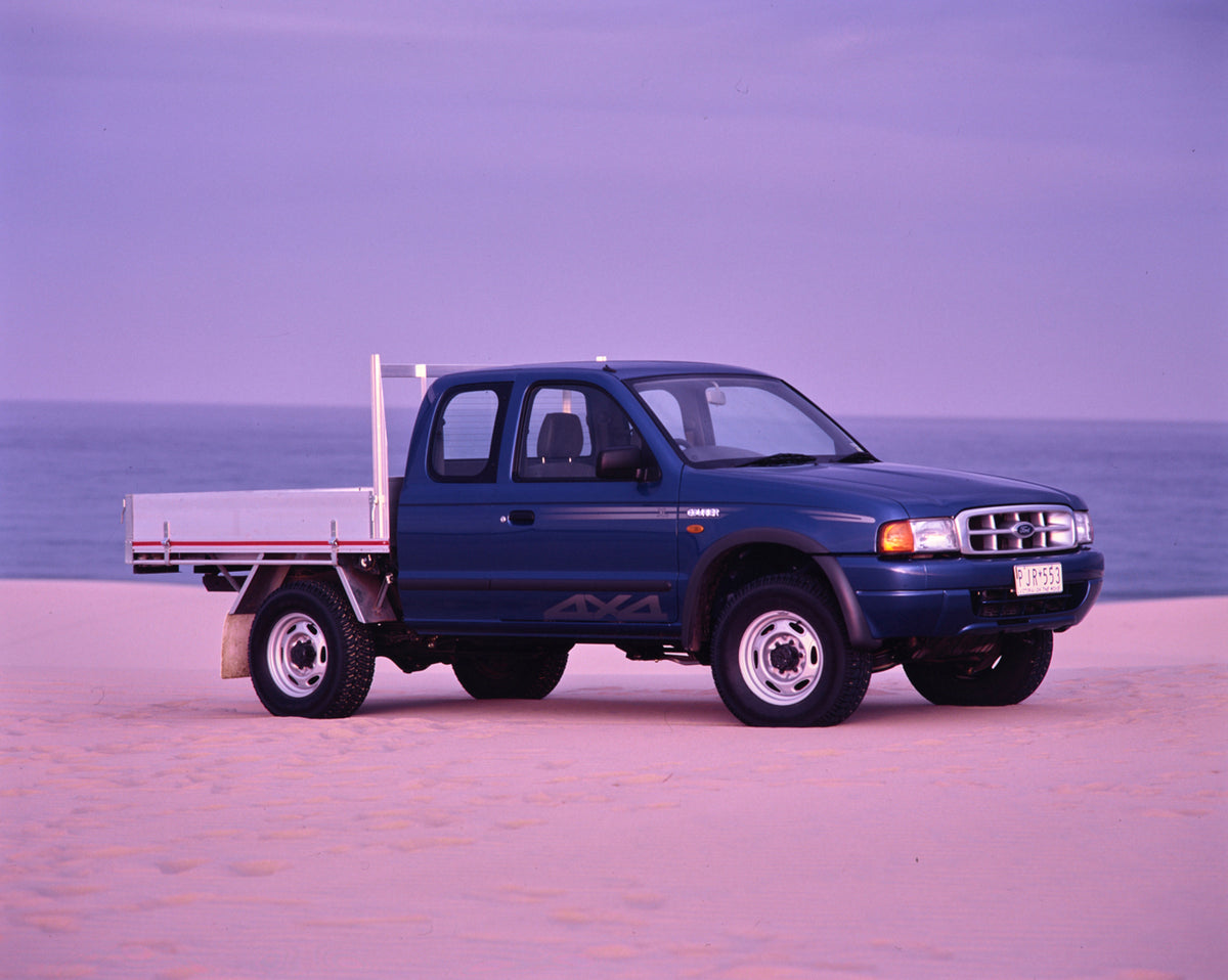 This archival image documents the 1999 Ford Courier 4WD Pickup Truck Driver Side Front End View on the Beach FAP-2011-3 and is preserved in the Ford Heritage Vault as part of Ford Motor Company's historic photographic archive. Free for personal, n...