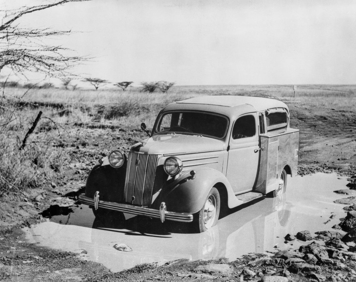 This archival image documents the 1949 Ford Pilot in Nairobi National Park and is preserved in the Ford Heritage Vault as part of Ford Motor Company's historic photographic archive. Free for personal, non-commercial use. Ford Heritage Vault refere...