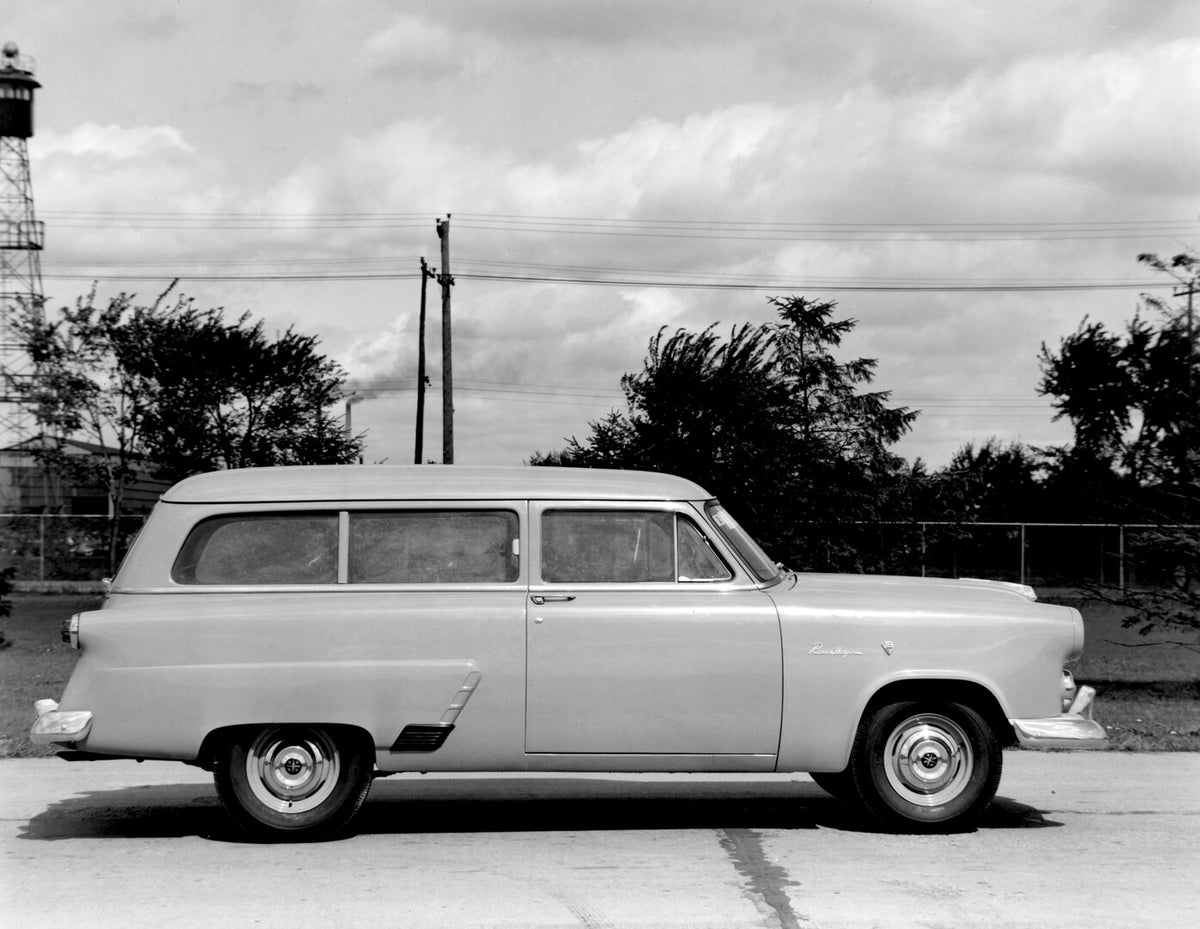 This archival image documents the 1952 Meteor Ranch Wagon side view on scenic road with trees AR-2007-5 and is preserved in the Ford Heritage Vault as part of Ford Motor Company's historic photographic archive. Free for personal, non-commercial us...