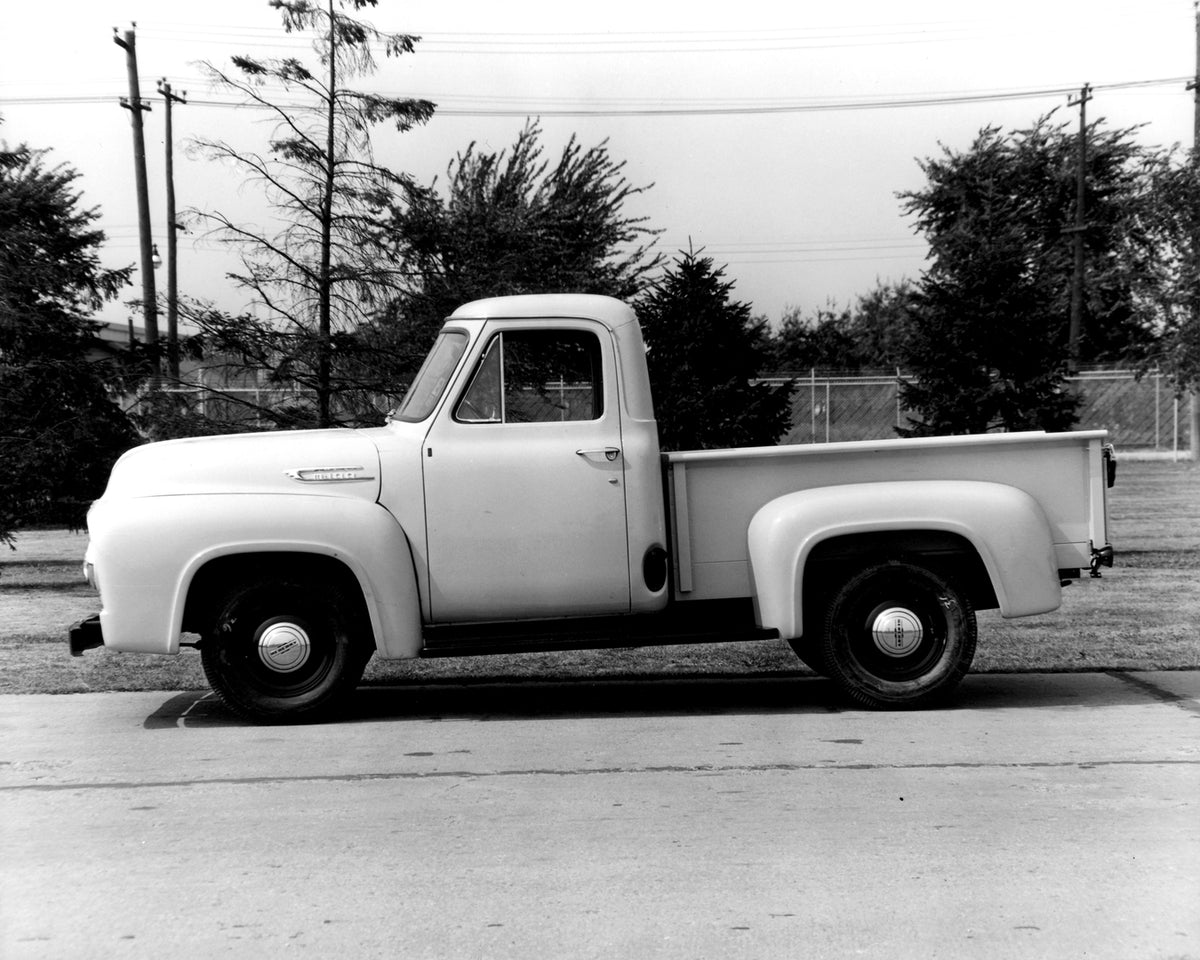 This archival image documents the 1953 Mercury M-100 Pickup side view on scenic road AR-2007-5 and is preserved in the Ford Heritage Vault as part of Ford Motor Company's historic photographic archive. Free for personal, non-commercial use. Ford H...