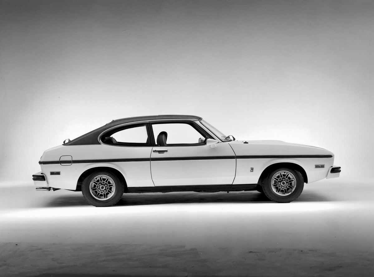 This archival image documents the 1975 Ford Capri Mark II 28 side view in studio 165012-238 and is preserved in the Ford Heritage Vault as part of Ford Motor Company's historic photographic archive. Free for personal, non-commercial use. Ford Heri...