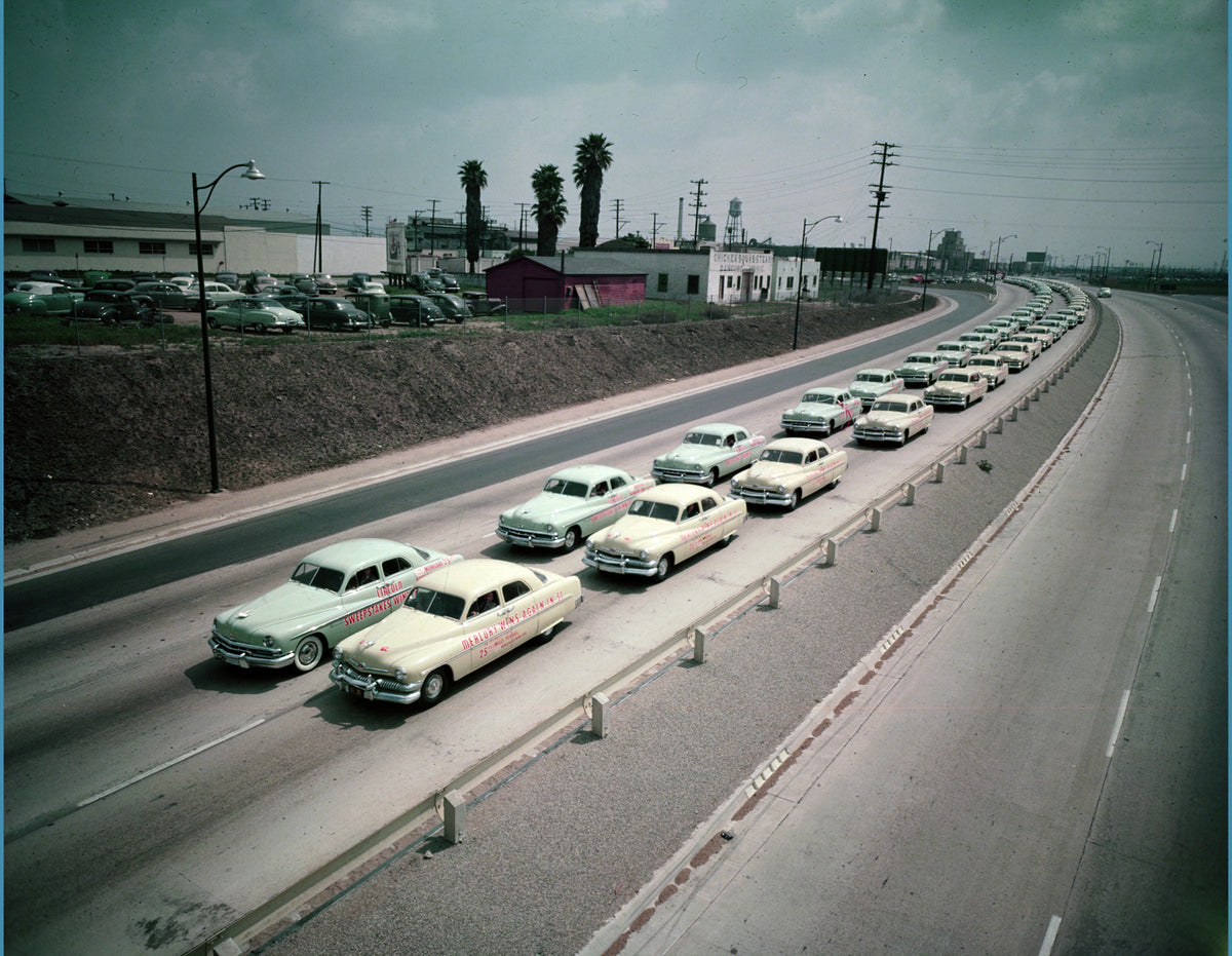 This archival image documents the 1951 Lincolns and Mercurys celebrating Mobil Fuel Economy Run victory and is preserved in the Ford Heritage Vault as part of Ford Motor Company's historic photographic archive. Free for personal, non-commercial us...