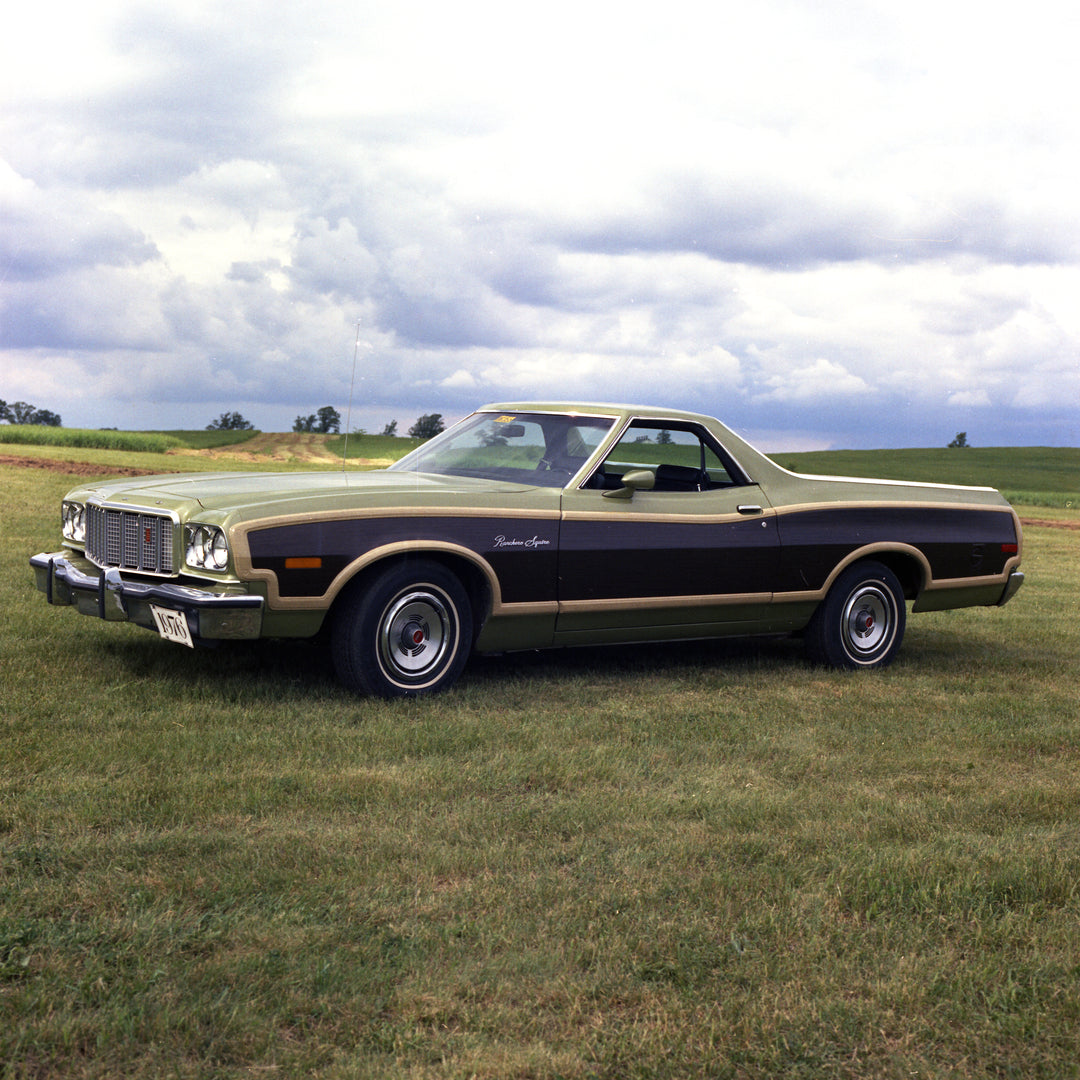 This archival image documents the 1976 Ford Ranchero Squire and is preserved in the Ford Heritage Vault as part of Ford Motor Company's historic photographic archive. Free for personal, non-commercial use. Ford Heritage Vault reference AR-2008-8.1...