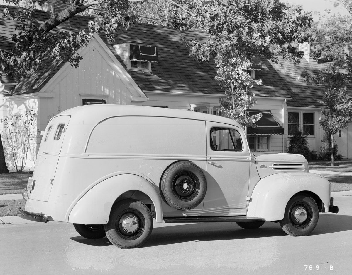 This archival image documents the 1942 Ford panel delivery and is preserved in the Ford Heritage Vault as part of Ford Motor Company's historic photographic archive. Free for personal, non-commercial use. Ford Heritage Vault reference AR-2008-8.1....