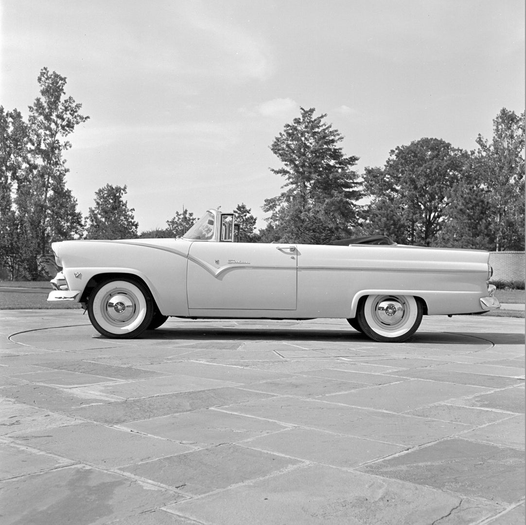 This archival image documents the 1955 Ford Fairlane Sunliner convertible and is preserved in the Ford Heritage Vault as part of Ford Motor Company's historic photographic archive. Free for personal, non-commercial use. Ford Heritage Vault referen...