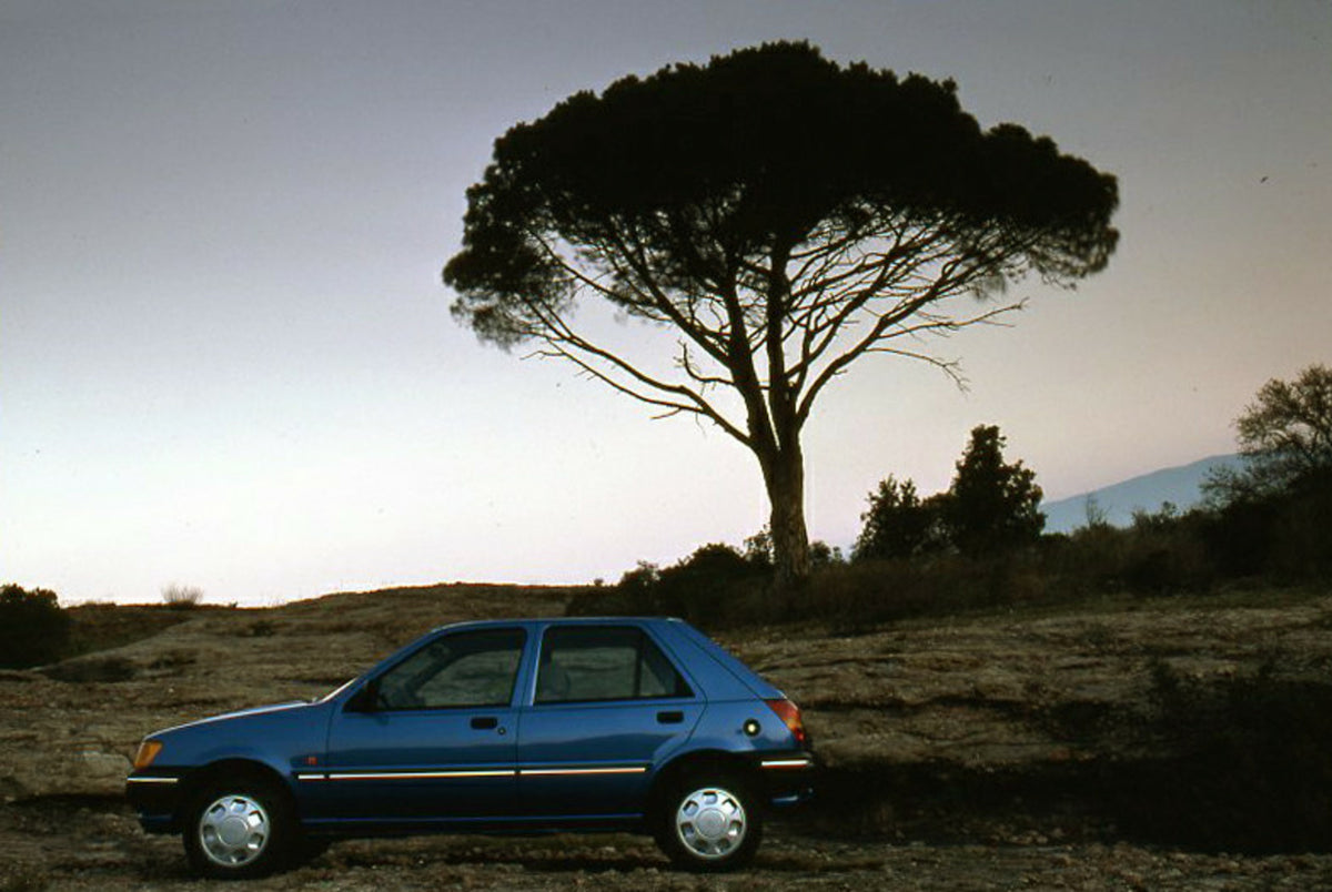 This archival image documents the 1989 Ford Fiesta Mark III LHD side view with scenic tree and is preserved in the Ford Heritage Vault as part of Ford Motor Company's historic photographic archive. Free for personal, non-commercial use. Ford Herit...