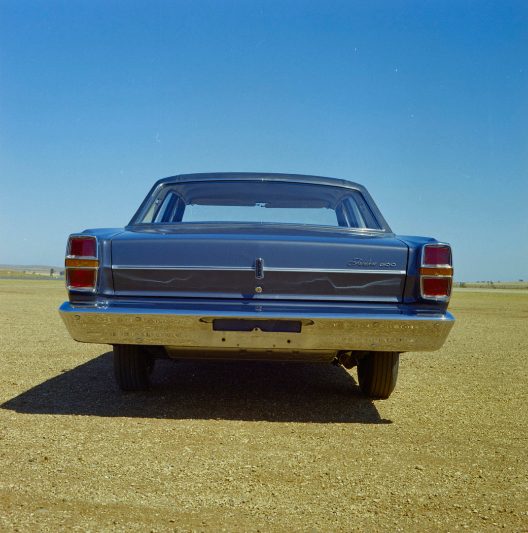 This archival image documents the 1968 Ford ZB Fairlane 500 Sedan Rear End View in Open Field FAP-2011-3 and is preserved in the Ford Heritage Vault as part of Ford Motor Company's historic photographic archive. Free for personal, non-commercial u...