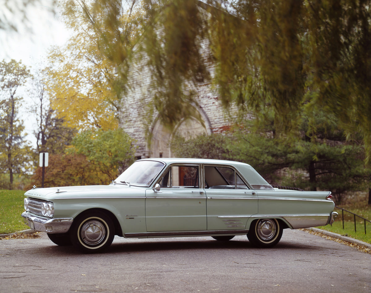 This archival image documents the 1962 Mercury Meteor four-door sedan Side View and is preserved in the Ford Heritage Vault as part of Ford Motor Company's historic photographic archive. Free for personal, non-commercial use. Ford Heritage Vault r...