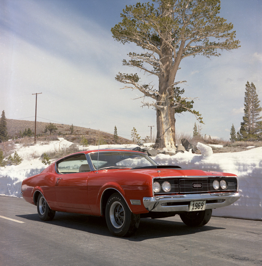 This archival image documents the 1969 Mercury Cyclone CJ sportsroof with Snow and Mountains in Background and is preserved in the Ford Heritage Vault as part of Ford Motor Company's historic photographic archive. Free for personal, non-commercial...