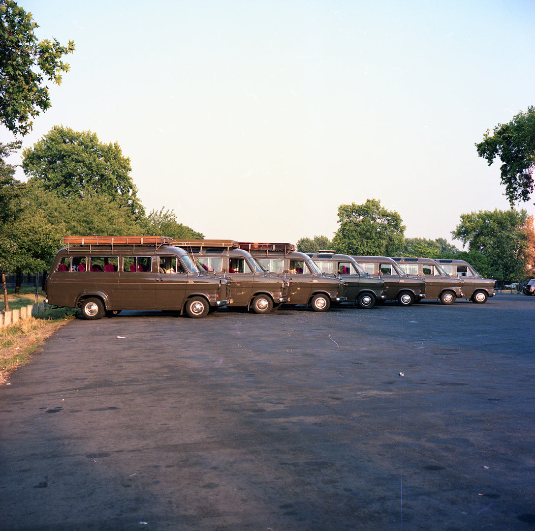 This archival image documents the 1976 Ford Transit Mark I Fleet of Mini Coaches in London lineup in parking lot and is preserved in the Ford Heritage Vault as part of Ford Motor Company's historic photographic archive. Free for personal, non-comm...