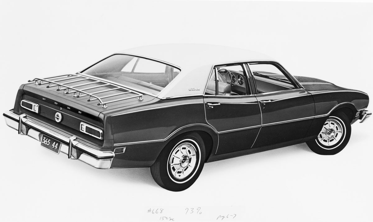 This archival image documents the 1975 Ford Maverick four-door and is preserved in the Ford Heritage Vault as part of Ford Motor Company's historic photographic archive. Free for personal, non-commercial use. Ford Heritage Vault reference AR-2001-...