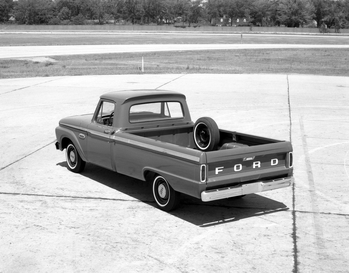 This archival image documents the 1965 Ford F-100 pickup truck and is preserved in the Ford Heritage Vault as part of Ford Motor Company's historic photographic archive. Free for personal, non-commercial use. Ford Heritage Vault reference AR-2008-...