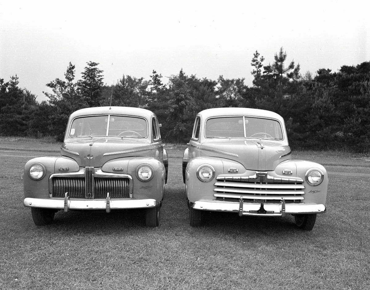 This archival image documents the 1946 Ford Super Deluxe compared to 1942 Ford Super Deluxe and is preserved in the Ford Heritage Vault as part of Ford Motor Company's historic photographic archive. Free for personal, non-commercial use. Ford Heri...