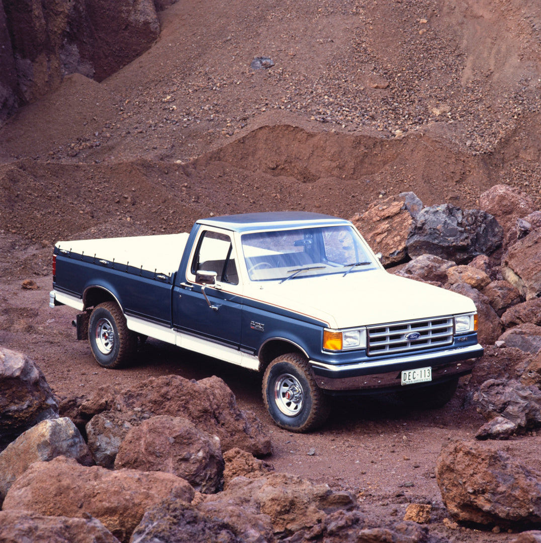 This archival image documents the 1990 Ford F-150 Pickup Truck Driver Side Front End View on Rocky Terrain FAP-2011-3 and is preserved in the Ford Heritage Vault as part of Ford Motor Company's historic photographic archive. Free for personal, non...