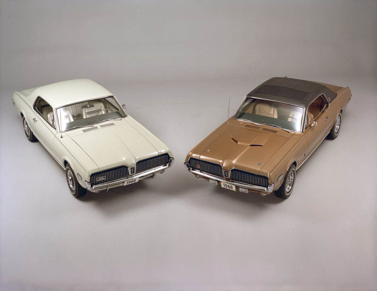 This archival image documents the 1968 Mercury Cougars Next to Each Other and is preserved in the Ford Heritage Vault as part of Ford Motor Company's historic photographic archive. Free for personal, non-commercial use. Ford Heritage Vault referen...