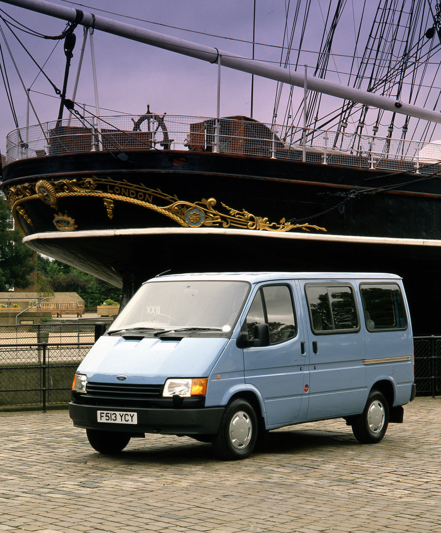 This archival image documents the 1988 Ford Transit Mark III in front of ship and is preserved in the Ford Heritage Vault as part of Ford Motor Company's historic photographic archive. Free for personal, non-commercial use. Ford Heritage Vault ref...