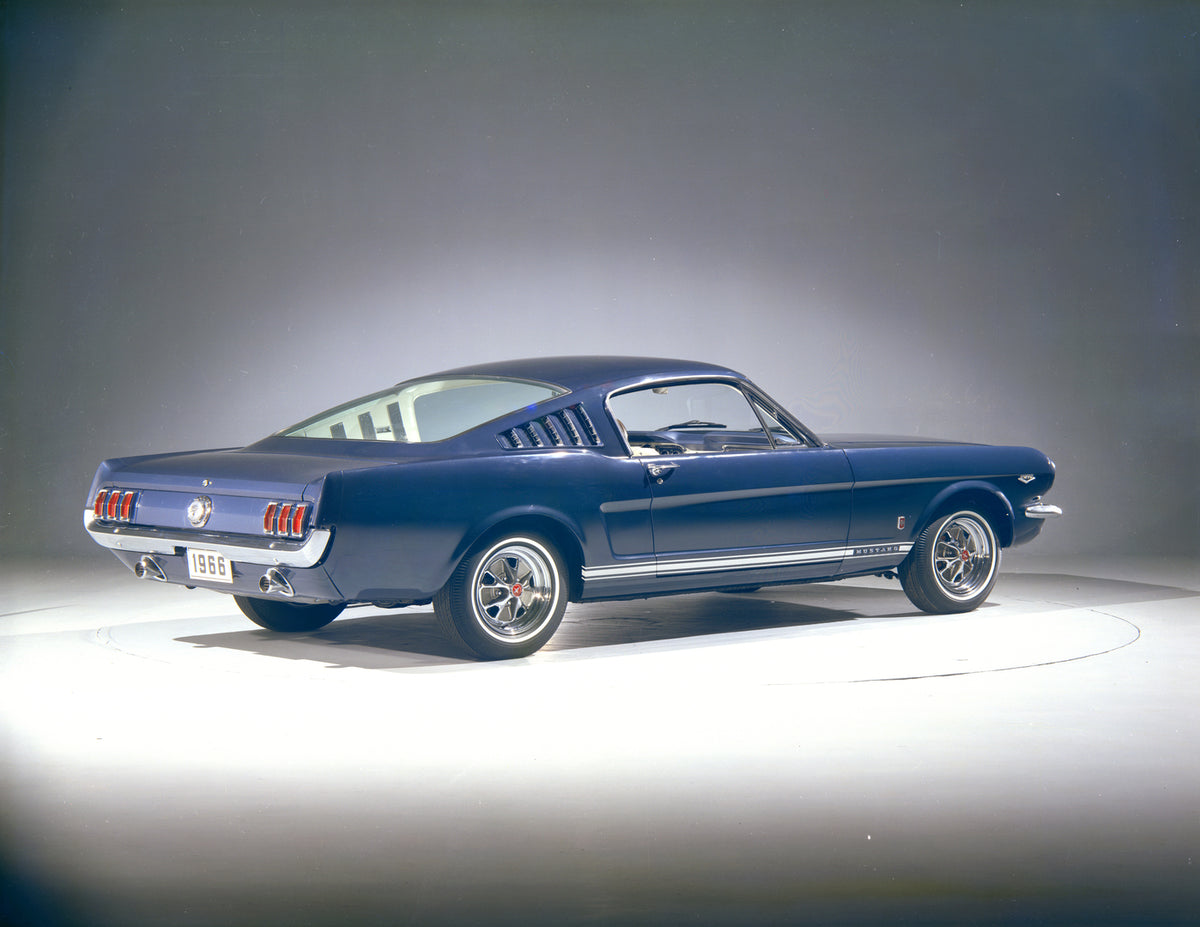 This archival image documents the 1966 Ford Mustang GT fastback in studio and is preserved in the Ford Heritage Vault as part of Ford Motor Company's historic photographic archive. Free for personal, non-commercial use. Ford Heritage Vault referen...
