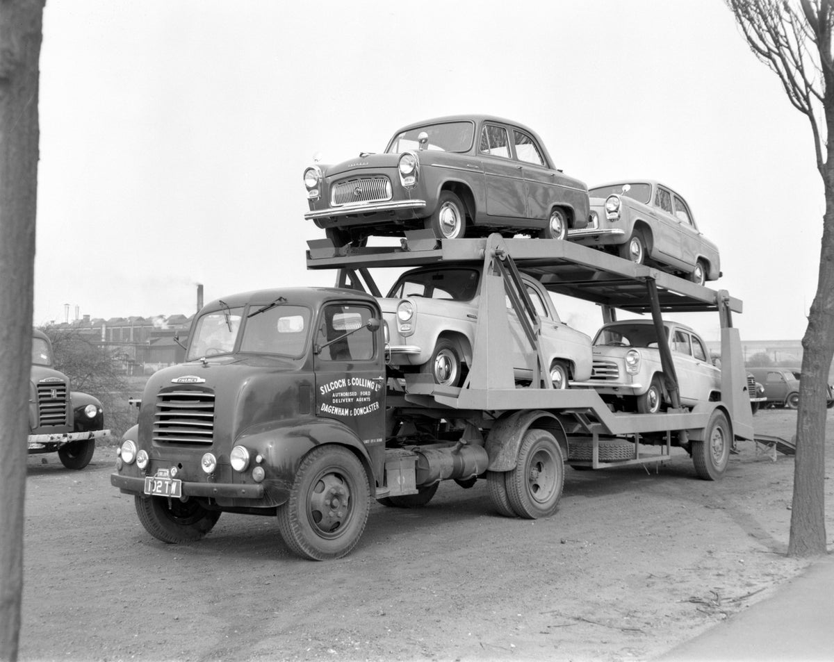 This archival image documents the 1956 Two deck Ford Thames transporter of Silcock & Colling transporting Ford Escorts and Prefects and is preserved in the Ford Heritage Vault as part of Ford Motor Company's historic photographic archive. Free for...