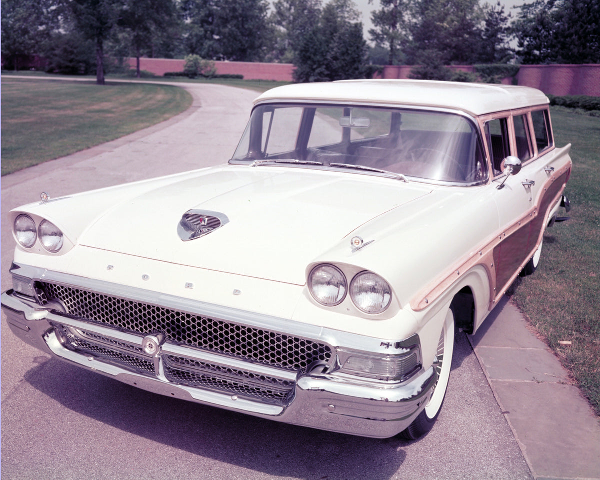 This archival image documents the 1958 Ford Country Squire and is preserved in the Ford Heritage Vault as part of Ford Motor Company's historic photographic archive. Free for personal, non-commercial use. Ford Heritage Vault reference AR-2008-8.1....