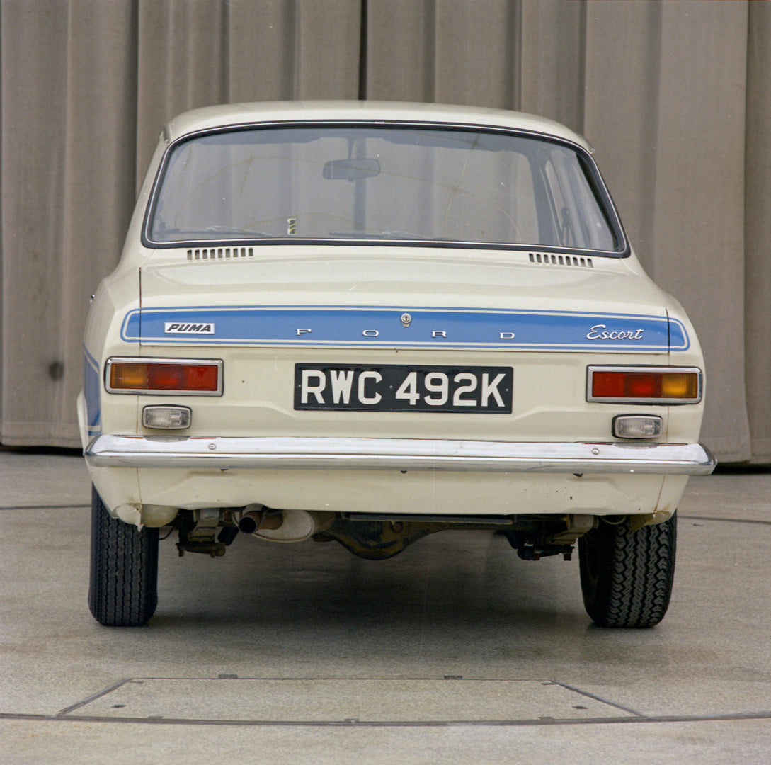 This archival image documents the 1972 Ford Escort Mark I RS2000 Dunton Design rear view in showroom 1972-1376-9 and is preserved in the Ford Heritage Vault as part of Ford Motor Company's historic photographic archive. Free for personal, non-comm...