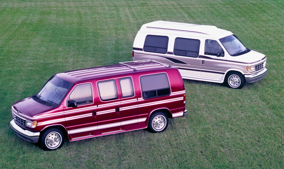 This archival image documents the 1994 Ford Club Wagon conversion 2 vans and is preserved in the Ford Heritage Vault as part of Ford Motor Company's historic photographic archive. Free for personal, non-commercial use. Ford Heritage Vault referenc...