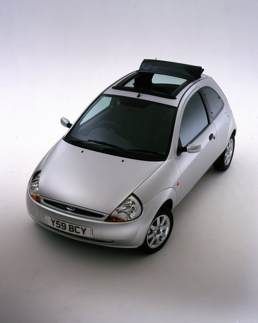 This archival image documents the 2001 Ford Ka Mark I with open sunroof in studio and is preserved in the Ford Heritage Vault as part of Ford Motor Company's historic photographic archive. Free for personal, non-commercial use. Ford Heritage Vault...