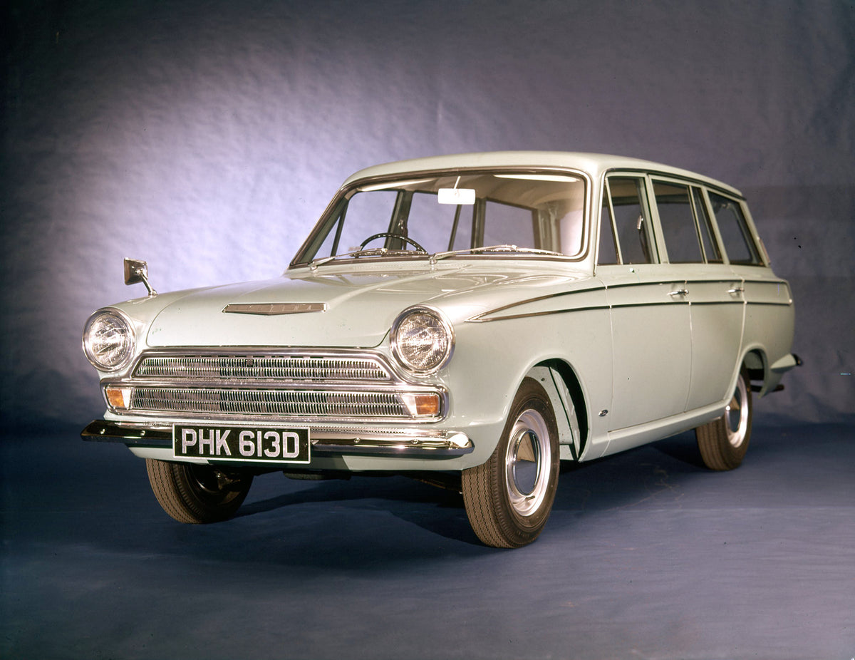 This archival image documents the 1966 Ford Cortina MK I Estate in studio and is preserved in the Ford Heritage Vault as part of Ford Motor Company's historic photographic archive. Free for personal, non-commercial use. Ford Heritage Vault referen...
