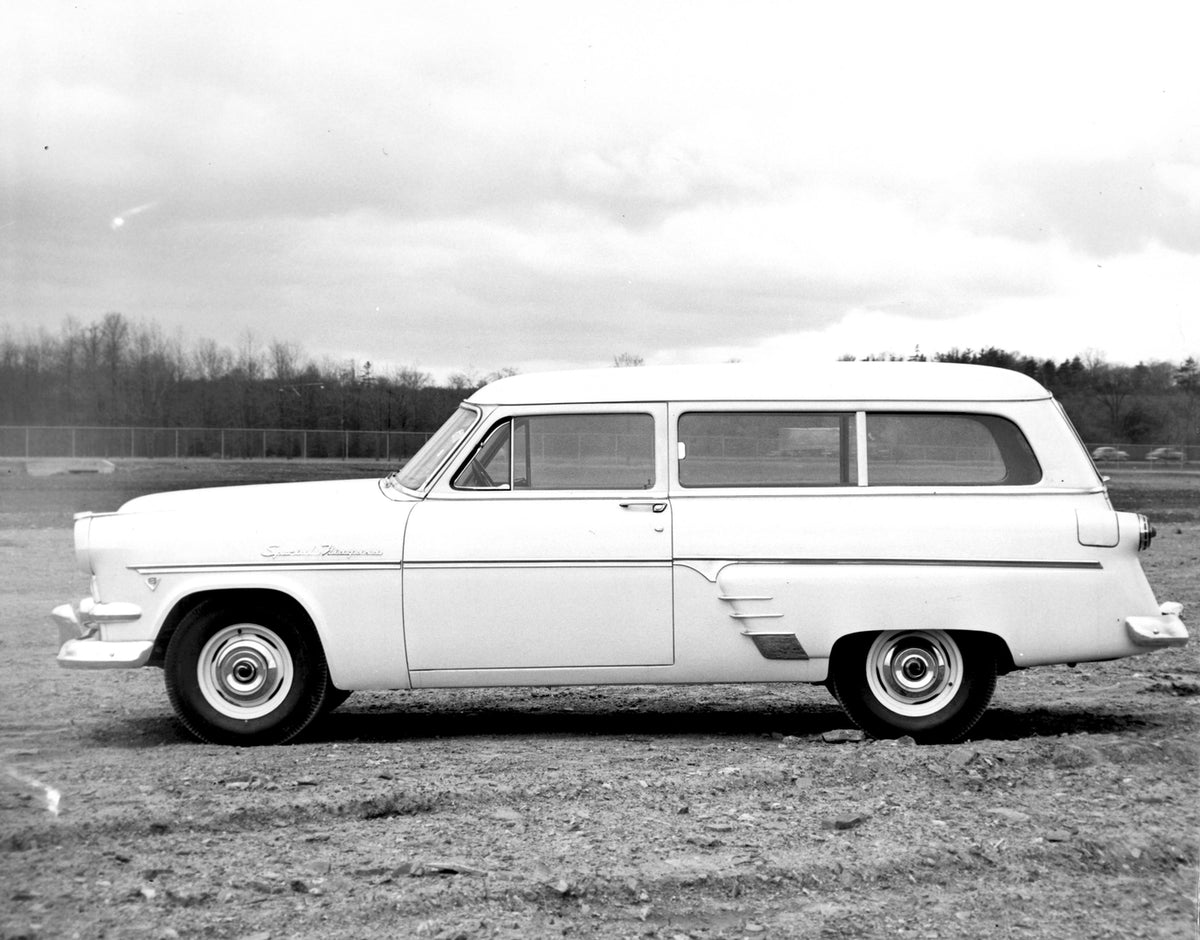 This archival image documents the 1954 Meteor Ranch Wagon Special Niagara side view on dirt road AR-2007-5 and is preserved in the Ford Heritage Vault as part of Ford Motor Company's historic photographic archive. Free for personal, non-commercial...
