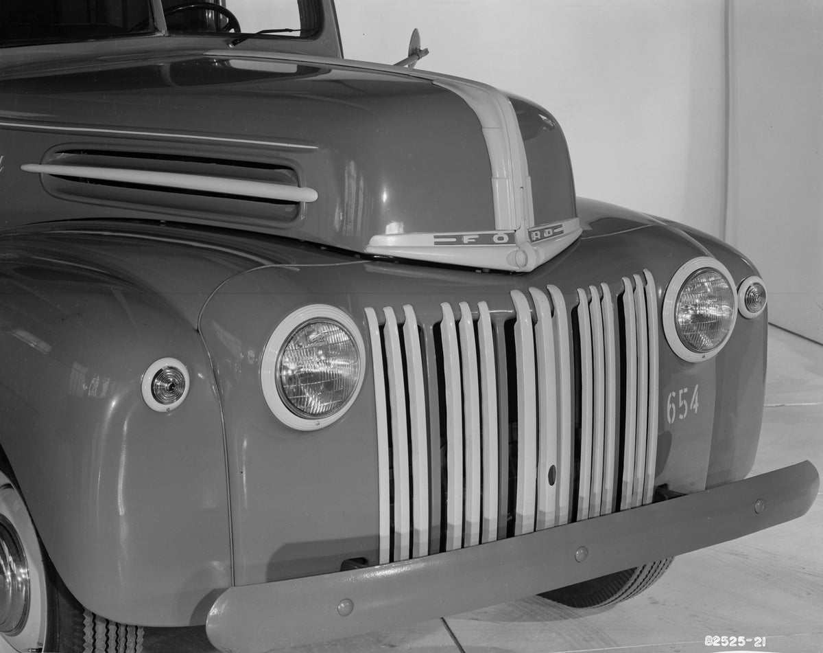 This archival image documents the 1946 Ford half ton panel truck front end grille and is preserved in the Ford Heritage Vault as part of Ford Motor Company's historic photographic archive. Free for personal, non-commercial use. Ford Heritage Vault...