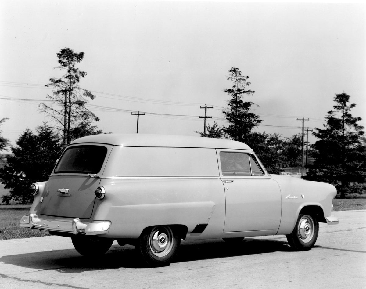 This archival image documents the 1952 Meteor Mainline Sedan Delivery rear view on scenic road AR-2007-5 and is preserved in the Ford Heritage Vault as part of Ford Motor Company's historic photographic archive. Free for personal, non-commercial u...