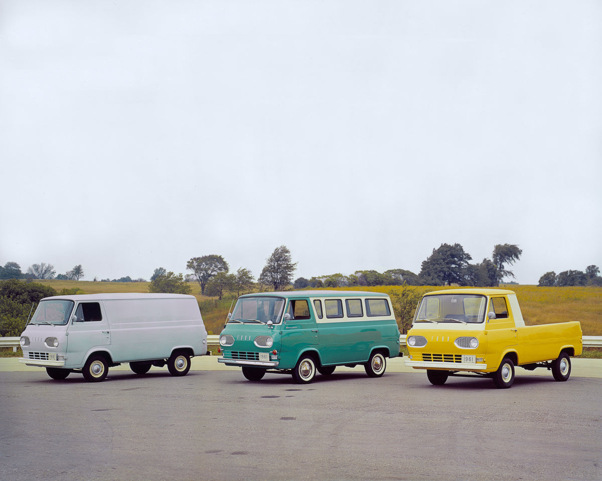 This archival image documents the 1961 Ford Econolines with different body styles and is preserved in the Ford Heritage Vault as part of Ford Motor Company's historic photographic archive. Free for personal, non-commercial use. Ford Heritage Vault...