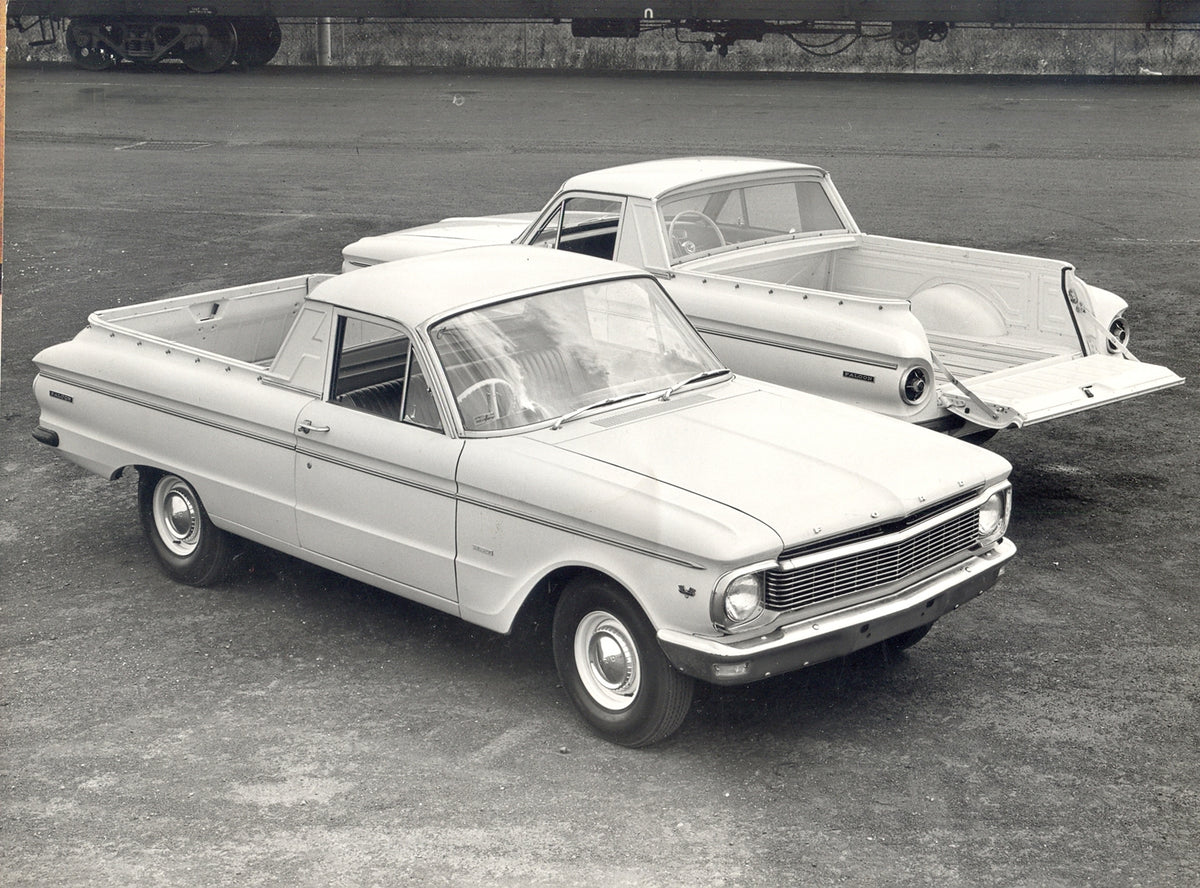 This archival image documents the 1965 Ford XP Falcon Ute front and rear view in scenic field and is preserved in the Ford Heritage Vault as part of Ford Motor Company's historic photographic archive. Free for personal, non-commercial use. Ford He...