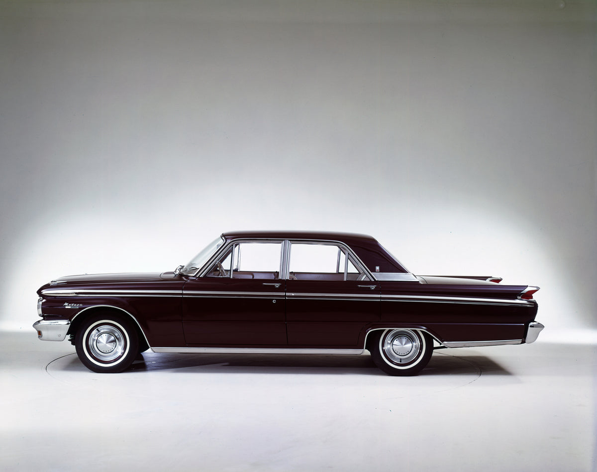 This archival image documents the 1963 Mercury Meteor four-door sedan Side View and is preserved in the Ford Heritage Vault as part of Ford Motor Company's historic photographic archive. Free for personal, non-commercial use. Ford Heritage Vault r...