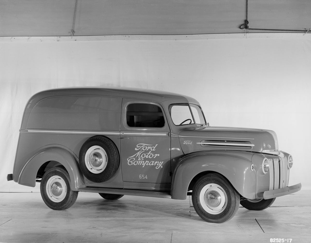 This archival image documents the 1946 Ford half ton panel truck and is preserved in the Ford Heritage Vault as part of Ford Motor Company's historic photographic archive. Free for personal, non-commercial use. Ford Heritage Vault reference AR-200...