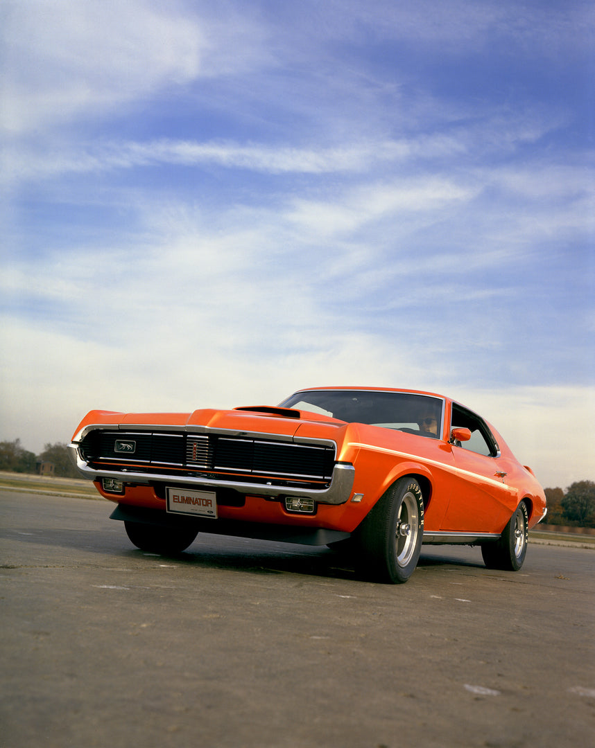 This archival image documents the 1969 Mercury Cougar Eliminator hardtop Low Angle View and is preserved in the Ford Heritage Vault as part of Ford Motor Company's historic photographic archive. Free for personal, non-commercial use. Ford Heritage...