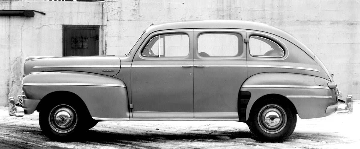 This archival image documents the 1946 Monarch Sedan closeup side view on road AR-2007-5 and is preserved in the Ford Heritage Vault as part of Ford Motor Company's historic photographic archive. Free for personal, non-commercial use. Ford Heritag...