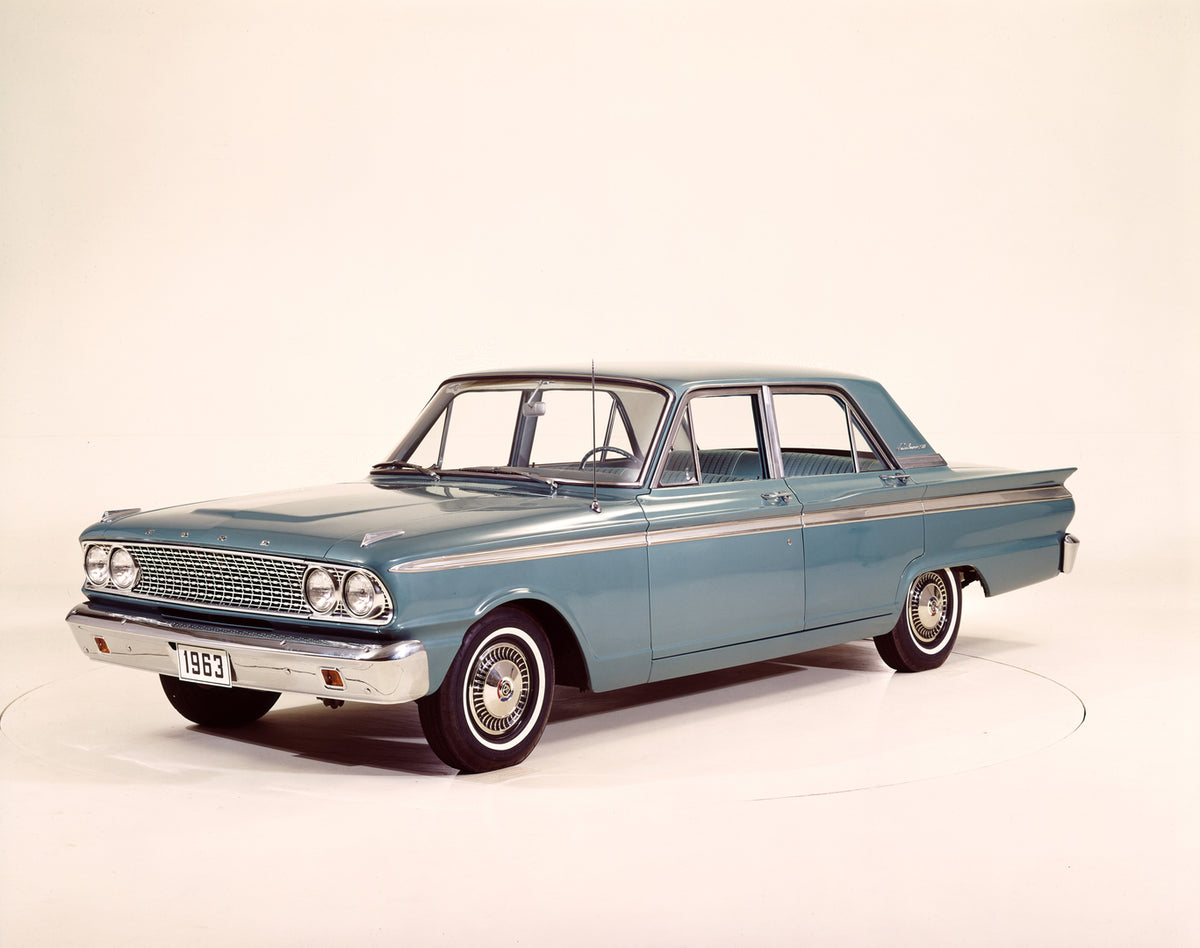 This archival image documents the 1963 Ford Fairlane 500 four-door sedan and is preserved in the Ford Heritage Vault as part of Ford Motor Company's historic photographic archive. Free for personal, non-commercial use. Ford Heritage Vault referenc...
