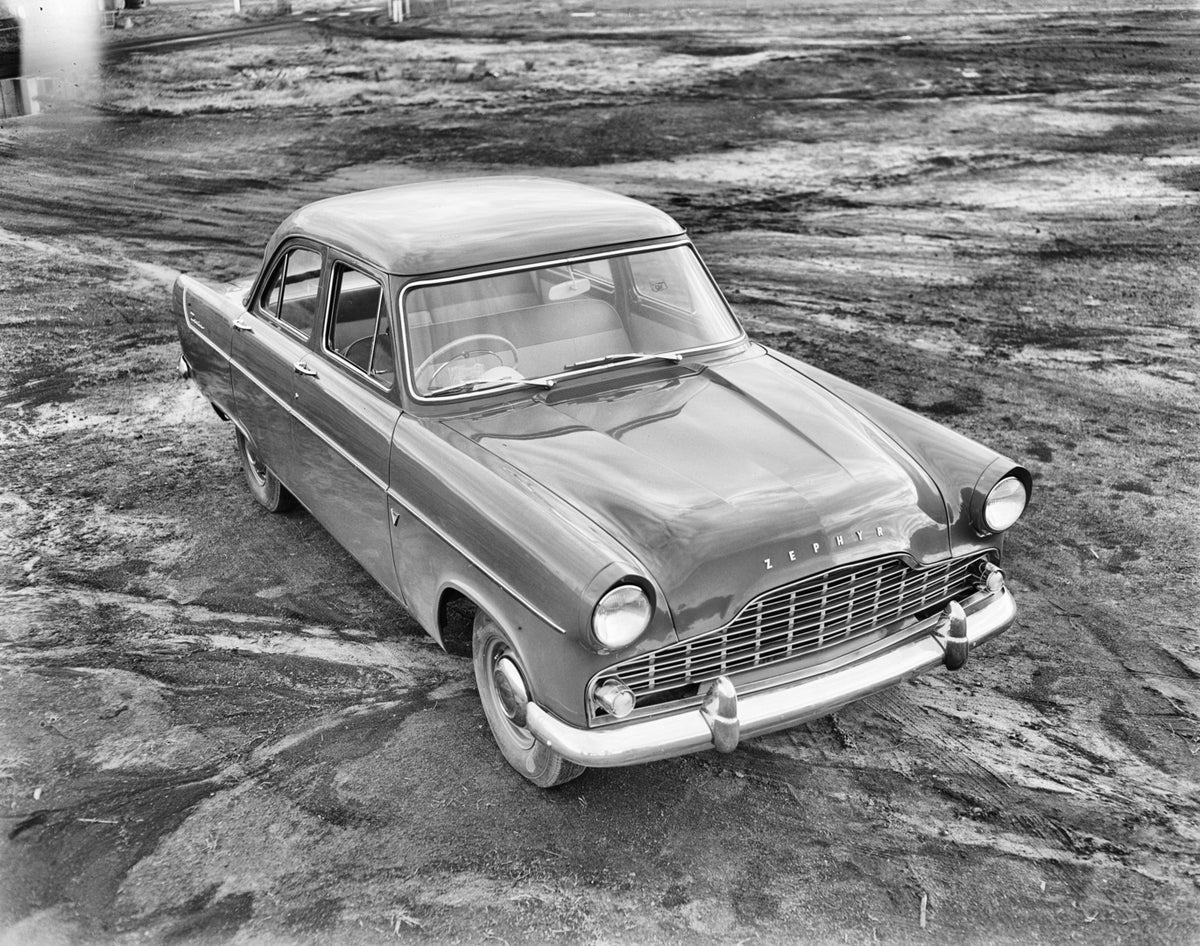 This archival image documents the 1956 Ford Zephyr Mark II Sedan Driver Side Front End View in Empty Lot FAP-2011-3 and is preserved in the Ford Heritage Vault as part of Ford Motor Company's historic photographic archive. Free for personal, non-c...