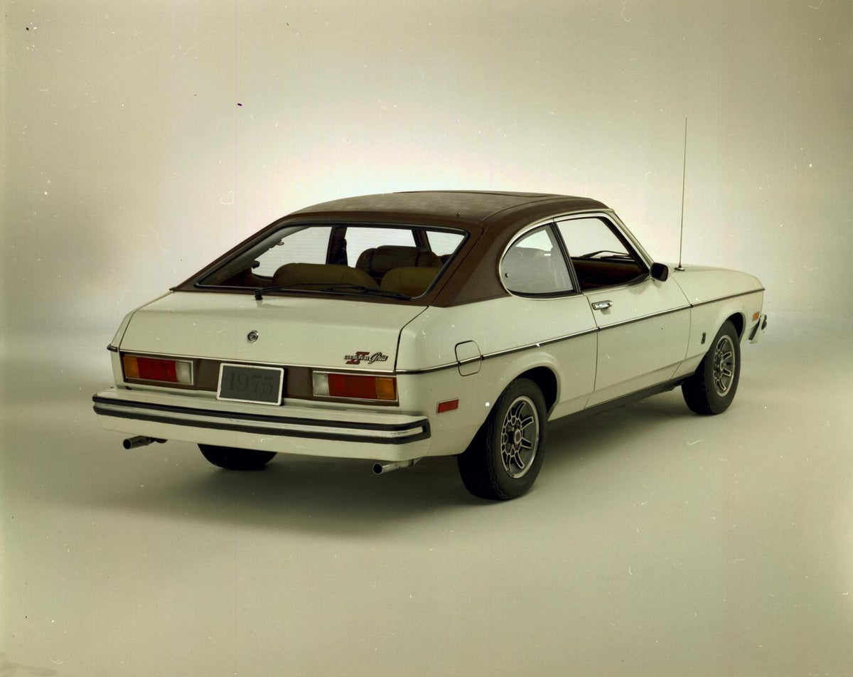 This archival image documents the 1975 Ford Capri II Ghia rear view in studio CN9012-76 1975 and is preserved in the Ford Heritage Vault as part of Ford Motor Company's historic photographic archive. Free for personal, non-commercial use. Ford Her...