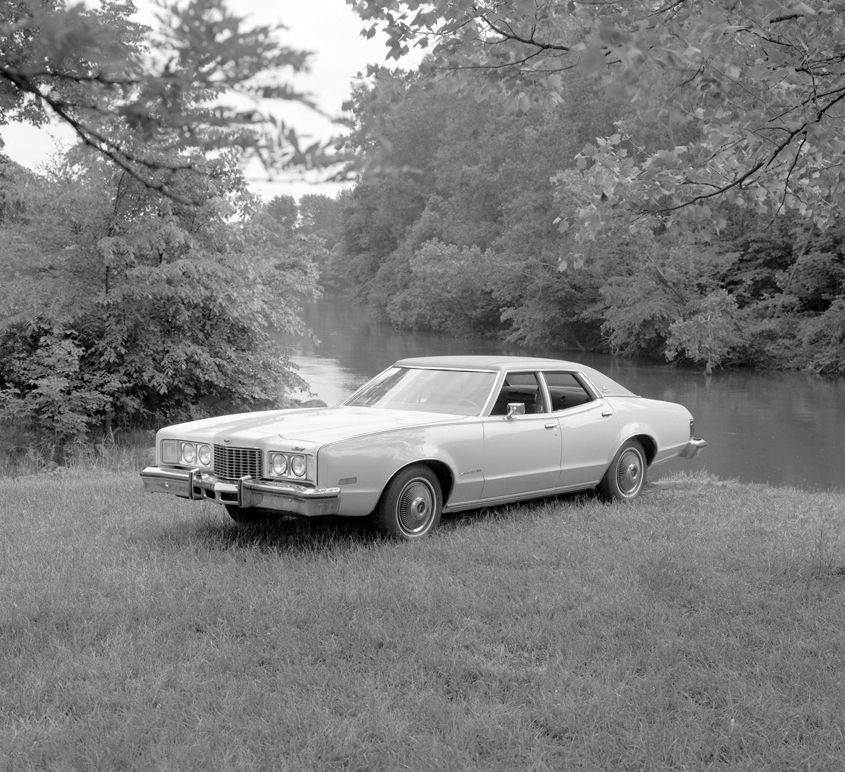 This archival image documents the 1975 Mercury Montego MX four-door scenic and is preserved in the Ford Heritage Vault as part of Ford Motor Company's historic photographic archive. Free for personal, non-commercial use. Ford Heritage Vault refere...