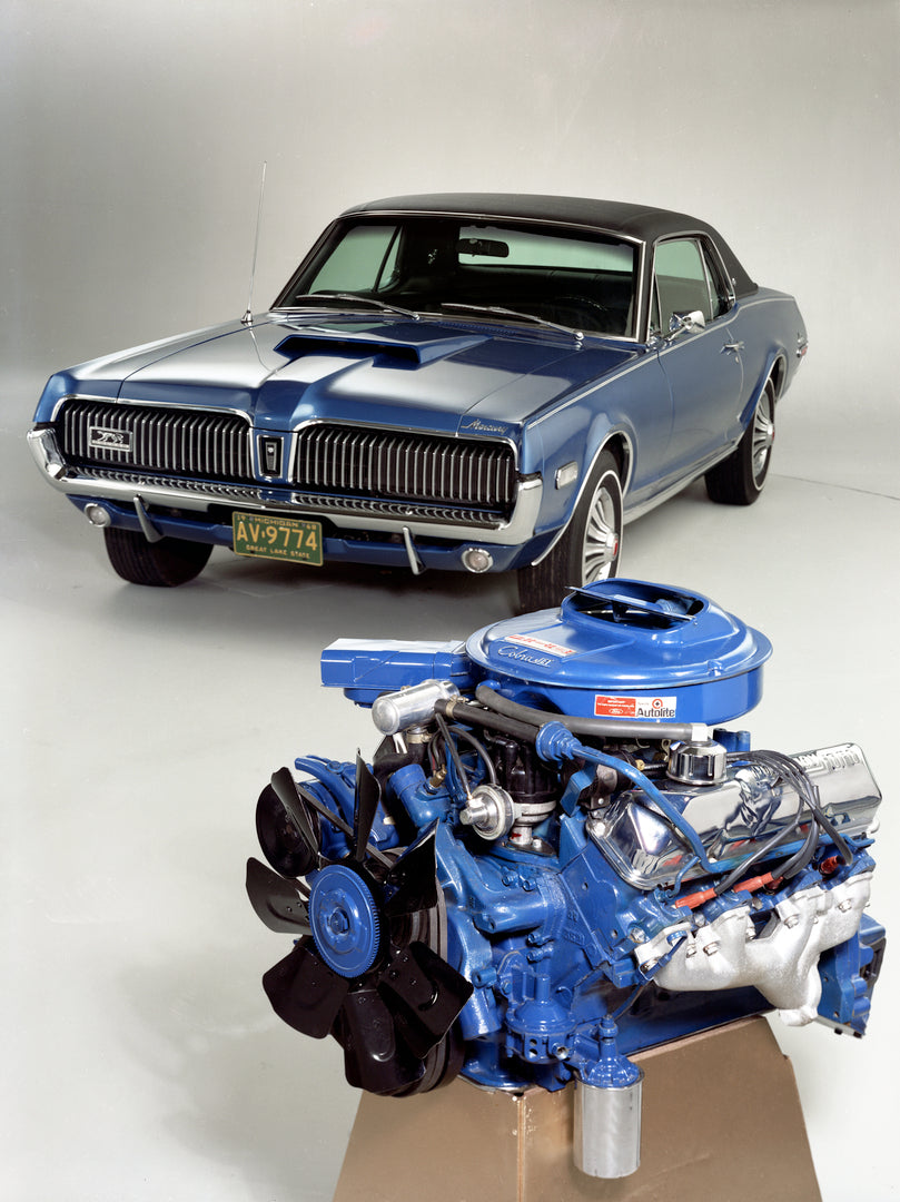 This archival image documents the 1968 Mercury Cougar with Cobra Jet engine in Foreground and is preserved in the Ford Heritage Vault as part of Ford Motor Company's historic photographic archive. Free for personal, non-commercial use. Ford Herita...