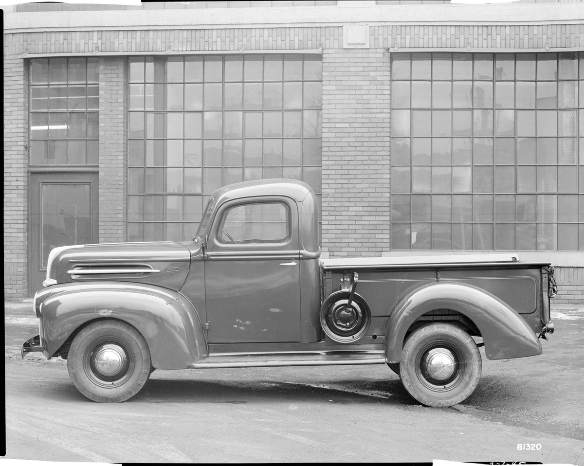 This archival image documents the 1945 Ford half ton pickup truck and is preserved in the Ford Heritage Vault as part of Ford Motor Company's historic photographic archive. Free for personal, non-commercial use. Ford Heritage Vault reference AR-20...